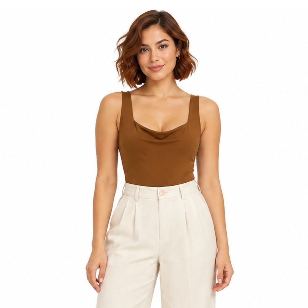 Good American Cowl Neck Bodysuit Saddle Brown Sleeveless Thong SIZE 2